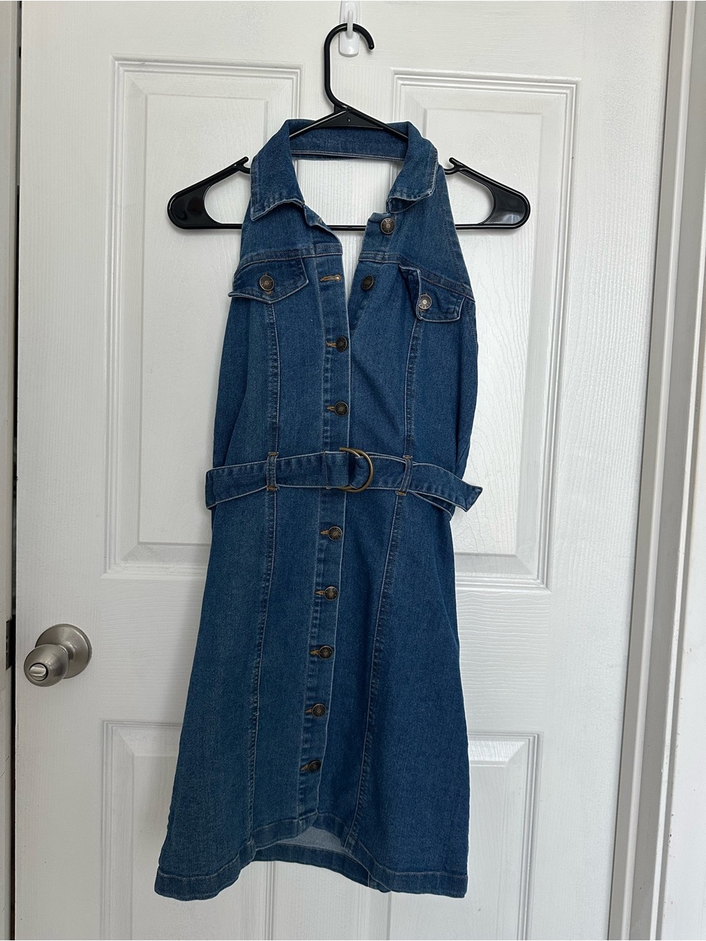 Denim Button-Front Halter Dress with Belt - Blue